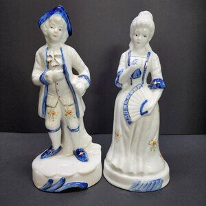 Vintage Victorian Man & Lady Couple in Cobalt Blue & White Porcelain Figurines